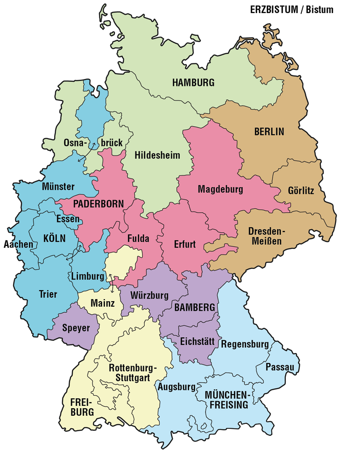 Karte der Erzbistümer und Bistümer in Deutschland